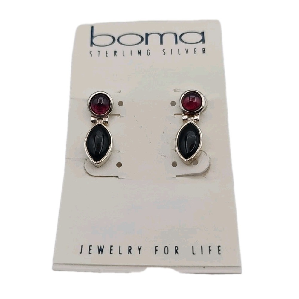Boma Sterling Silver Garnet Onyx Gemstone 925 Pierced Earrings Hinged Dangle
